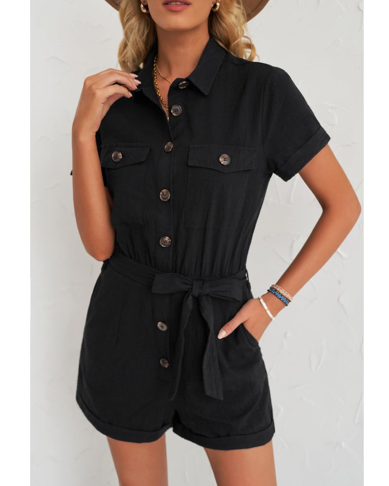 GRAPENT Women's Black Summer Casual Short Sleeves Button Down Pocket Belted Jumpsuits Rompers Size Medium (Fits US 8-10) - Image 3